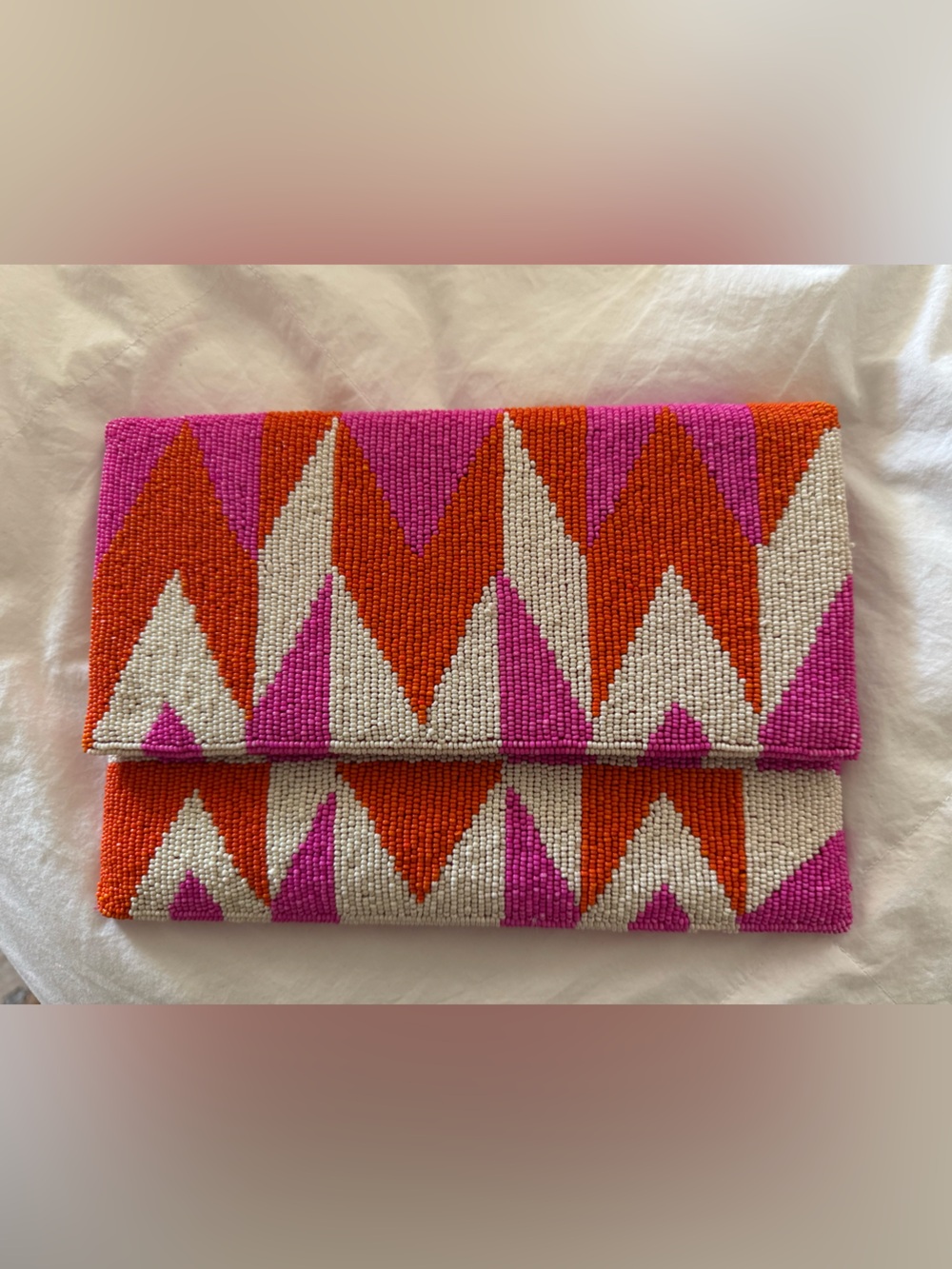 Hand-Beaded Chevron Clutch in Pink, Orange & Cream
